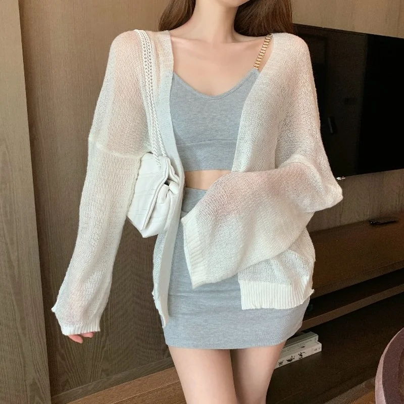 

Summer New Knitted Lightweight Women Cardigan White Loose Patchwork Elegant Female Outwear Coats Tops
