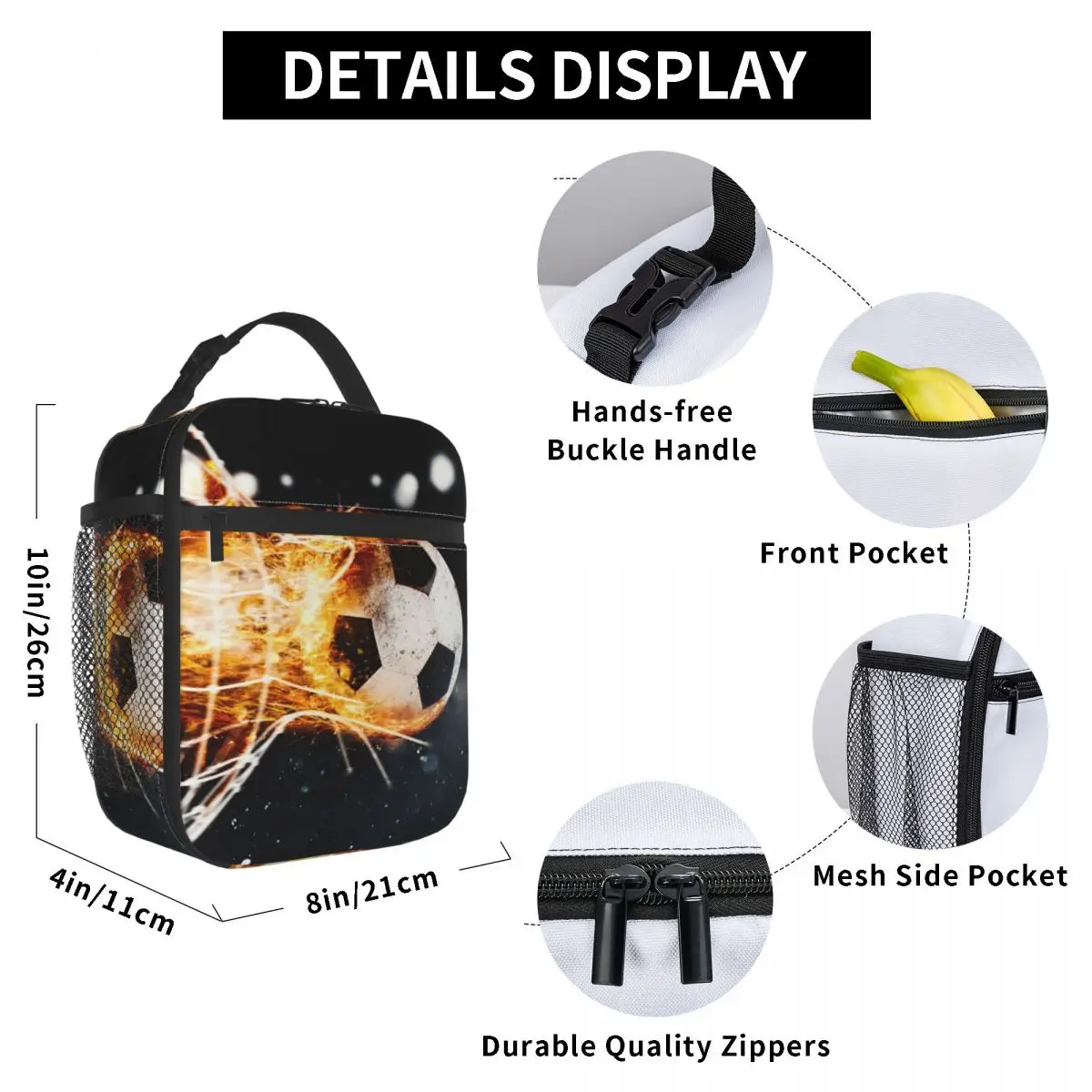 

Flaming Soccer Ball Lunch Bag for Women Men Large Insulated Lunch Box with Water Bottle Holder and Pockets