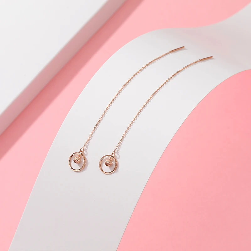 

New Pure 18K Rose Gold Earrings Women AU750 Gold Round Long Dangle Earrings