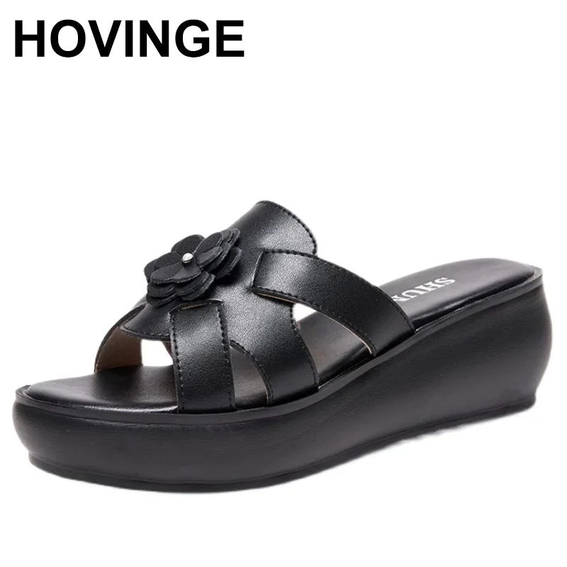 

HOVINGE Women Slipper's 2021 Ladies Summer Slippers Shoes Women Wedges Heels Fashion Summer Genuine Leather Shoes Platform