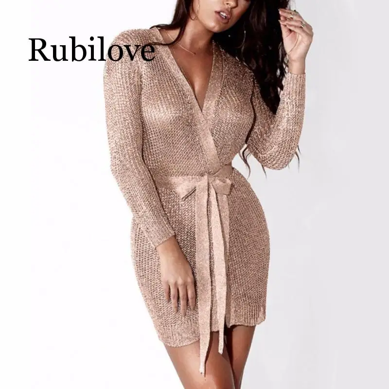 

Rubilove Women Sexy Dress Knitted Sweater Dress Silver Gold Club Party Bodycon Dress Deep V-neck Long Sleeve Cardigan Robe with