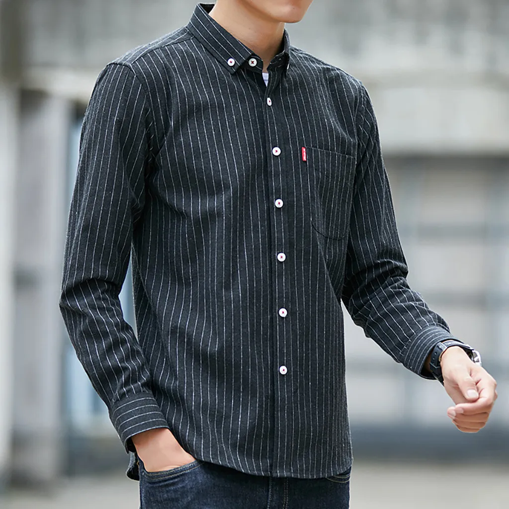 Мужская рубашка в полоску с длинным рукавом и отложным воротником|Повседневные