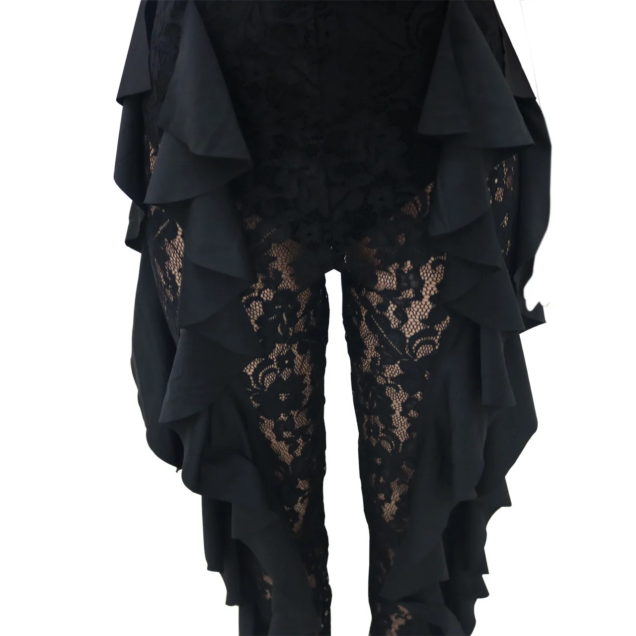 

Perspective Lace Splice Sexy Bodycon Jumpsuit Women Spaghetti Strap Backless Ruffles Romper Summer Deep V Neck One Piece Overall