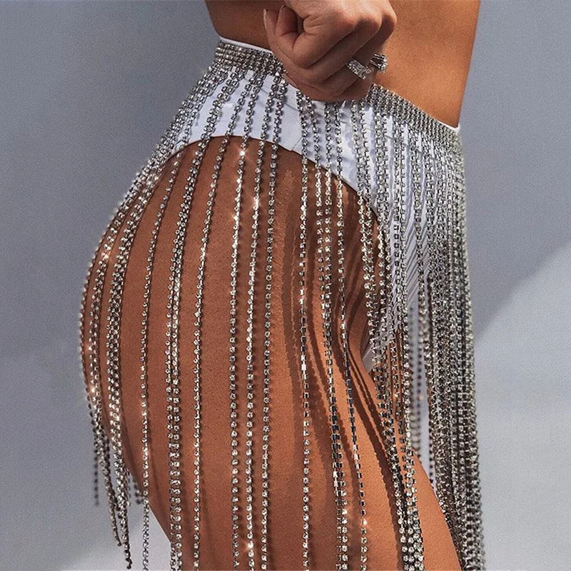 

Rhinestone Short Skirt 35cm full Crystal Women's Waist chain Glitter Long Tassels Mini Body jewelry sexy Bikini Hip skirt