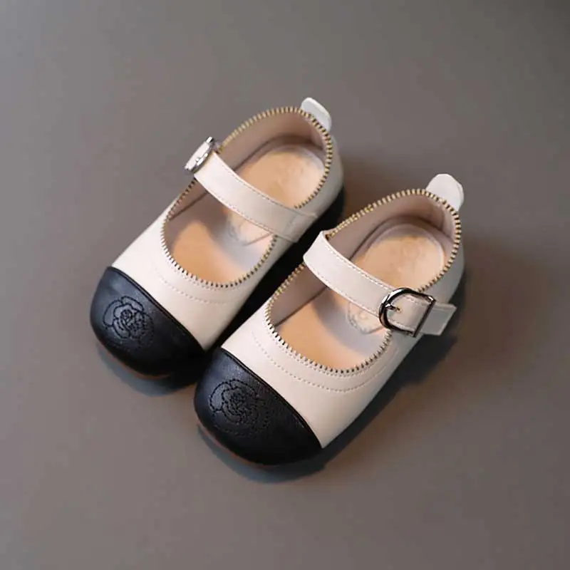 Kids Splicing Shoes Girl Buckle Flower Princess 2021 Baby Child Soft Sole Non-slip Mary Jane Shoe Size 21-30 Black White |
