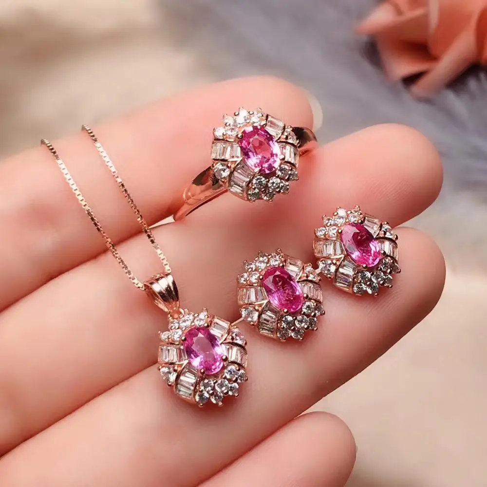 Лучший подарок для помолвки, набор ювелирных украшений с сапфиром из натурального драгоценного камня, серебряная подвеска 1 шт., кольцо 1 шт.,...