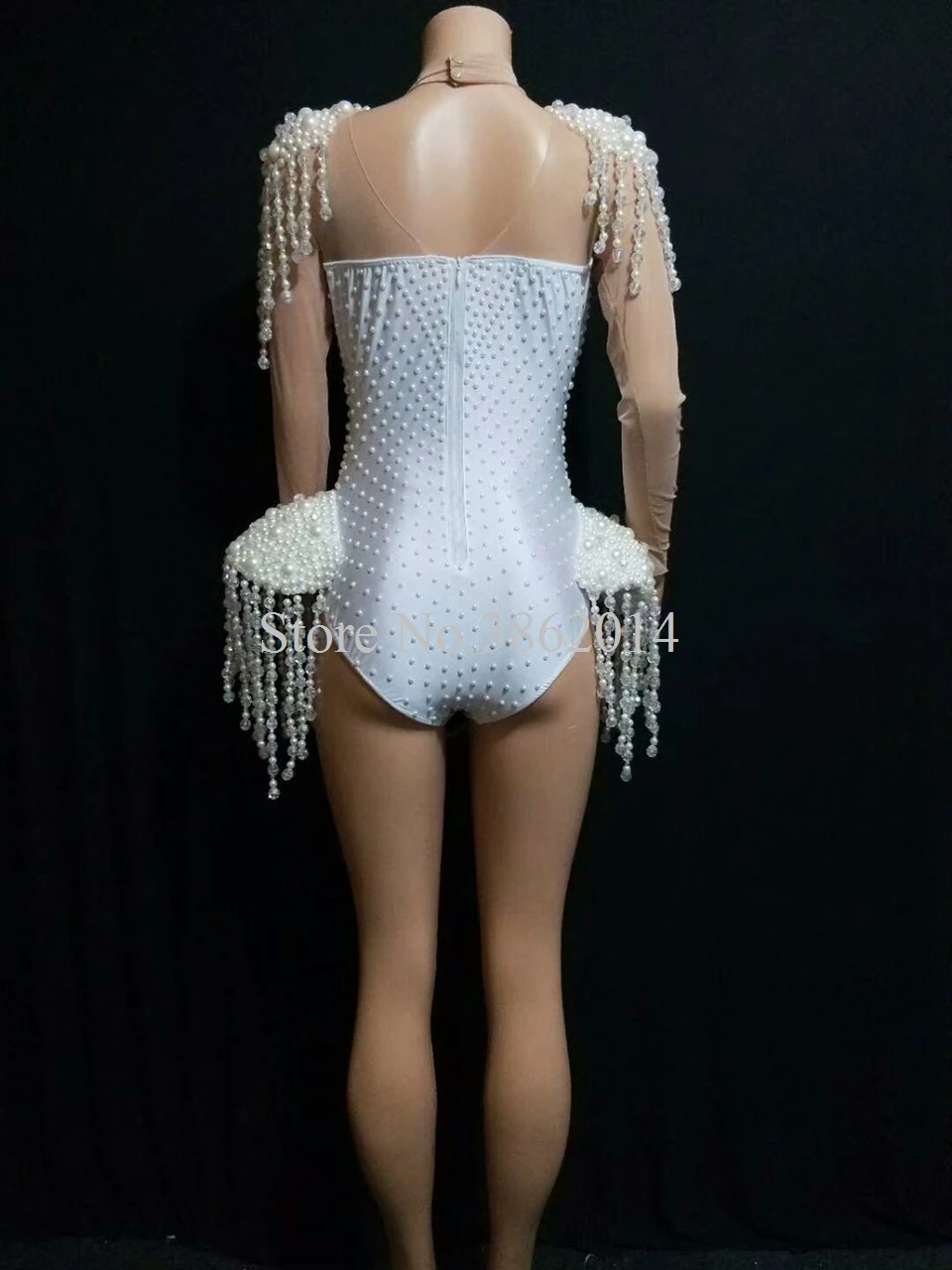 Женский костюм для джазовых танцев белый с бусинами и жемчужинами выступления на
