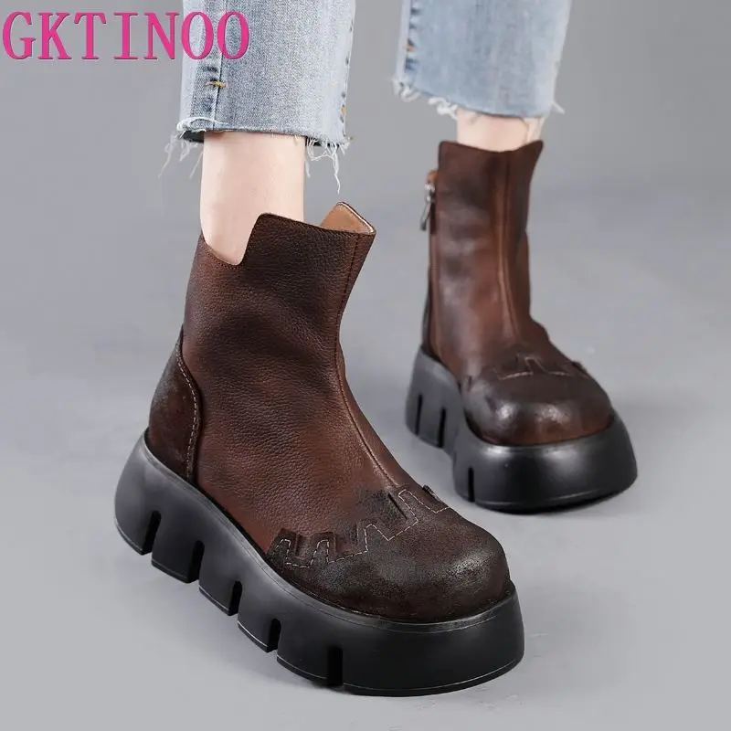 

GKTINOO New Ankle Boots Women Round Toe Thick Heels Genuine Leather Shoes Short Boots Soft Sole Footwear Plus Size 35-40
