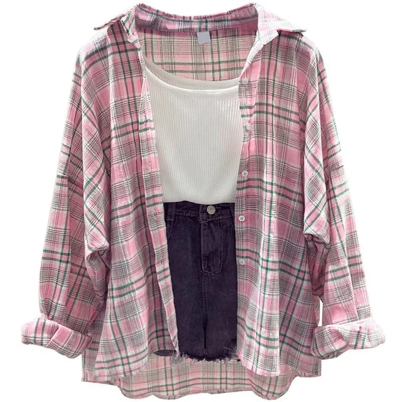 

Fashion Plaid Women Tops and Blouses Female Casual Matching Color Long Sleeve Button Loose Plaid Shirt Top blusas mujer de moda