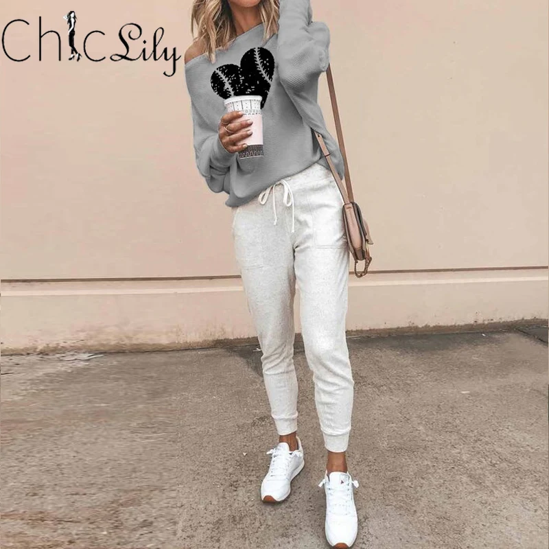 

Chiclily Bat Sleeve Sexy Off Shoulder Heart Top Threaded Printed T-shirt Streetwear Women Shirt