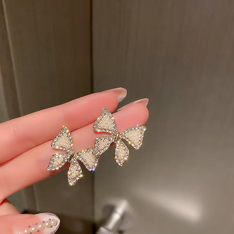 

925 Silver Needle Korean Fashion Personalized Earrings Pearl Diamond Inlaid Butterfly Net Red Temperament Desig