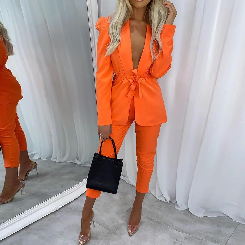 

Chicme Women Solid Shawl Collar Tie Front Blazer & Pants Set Puff Sleeve Coat Sexy Two Pieces Blazer Set Fall Clothes Women
