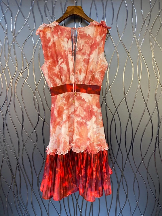 

2021 spring and summer new women's V-neck back tie decorative printed ruffled sleeveless dress 309
