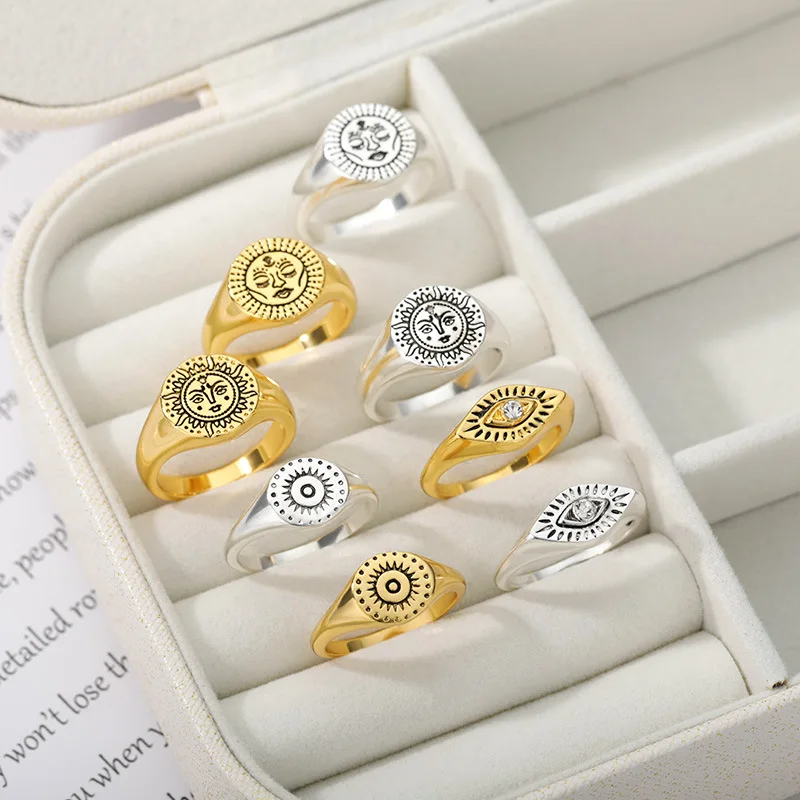 

Vintage Gothic Rings For Women Vintage Stainless Steel Sun Face Punk Couple Ring Fashion Exaggeration Jewelry Accessories Gift