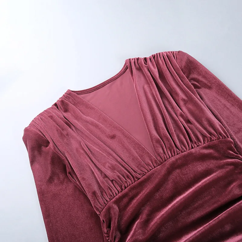 Осеннее бархатное платье с V-образным вырезом модное облегающее женское замшевое