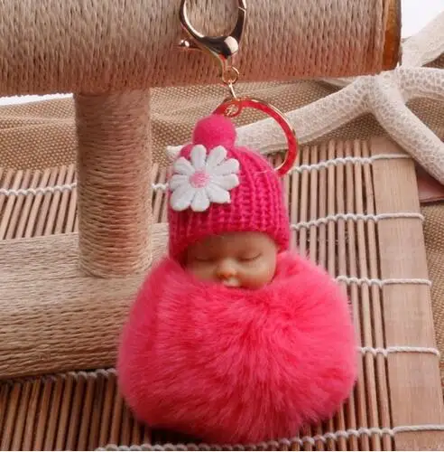 

Baby Doll Toy DropshipCute Sleeping Baby Doll Key Chains For Women Bag Toy Key Ring Fluffy Pom pom Faux Fur Plush Keychains