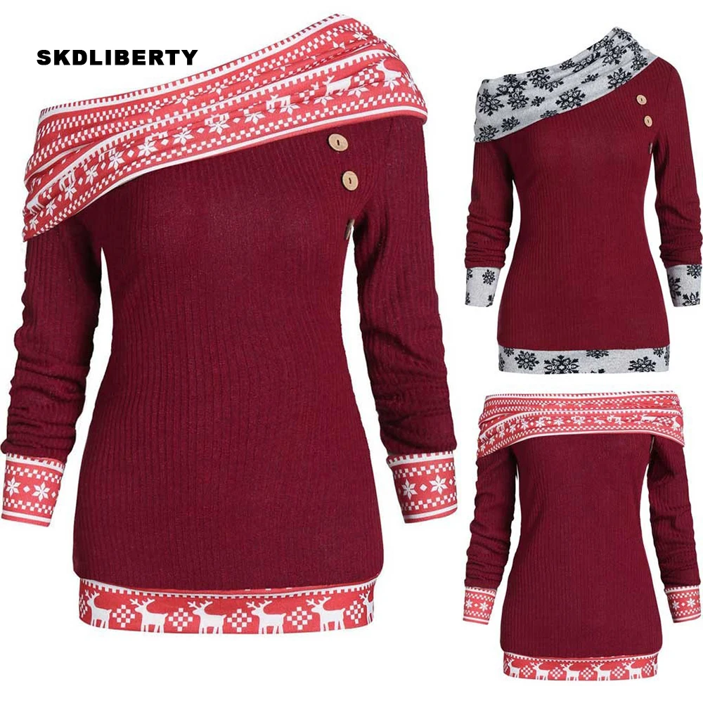New 2019 Fashion Women's Sweater Christmas Party Winter Pullover Chic Straight Collar Splice Women Long Sleeve Plus Size | Женская