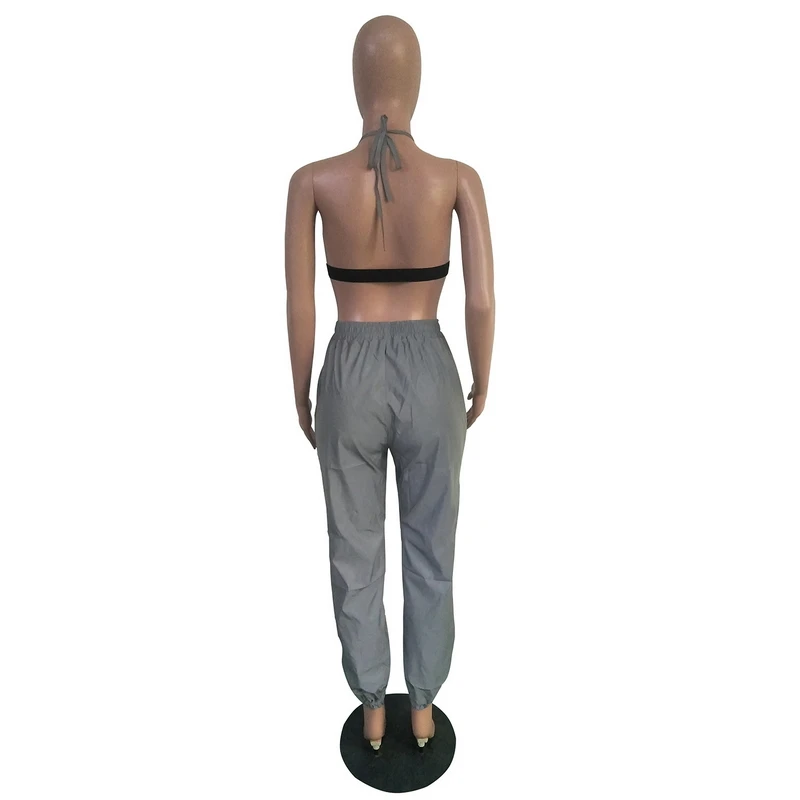 Sun Reflective Cloth Fabric Two Piece Set Backless Crop Top Palazzo Pants Sexy Casual Outfits Halter Sweat Suit Streetwear Loose | Женская