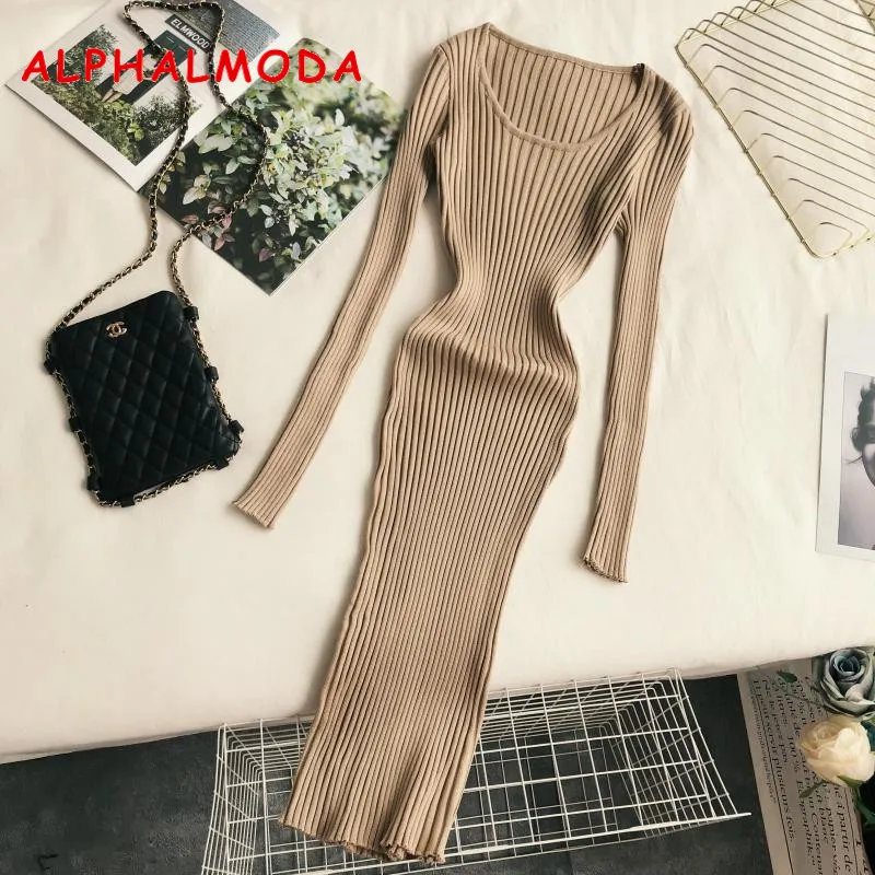 

ALPHALMODA 2019 Autumn Winter Knee-length Long-sleeved Knitted Dress Solid Color Slim Fit Women Basic Bottom Knit Vestidos