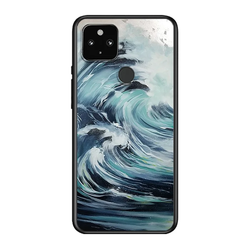 

Japanese Wave Art Soft TPU Silicone Black Cover For Google Pixel 5 4A 5G 4 XL Phone Case