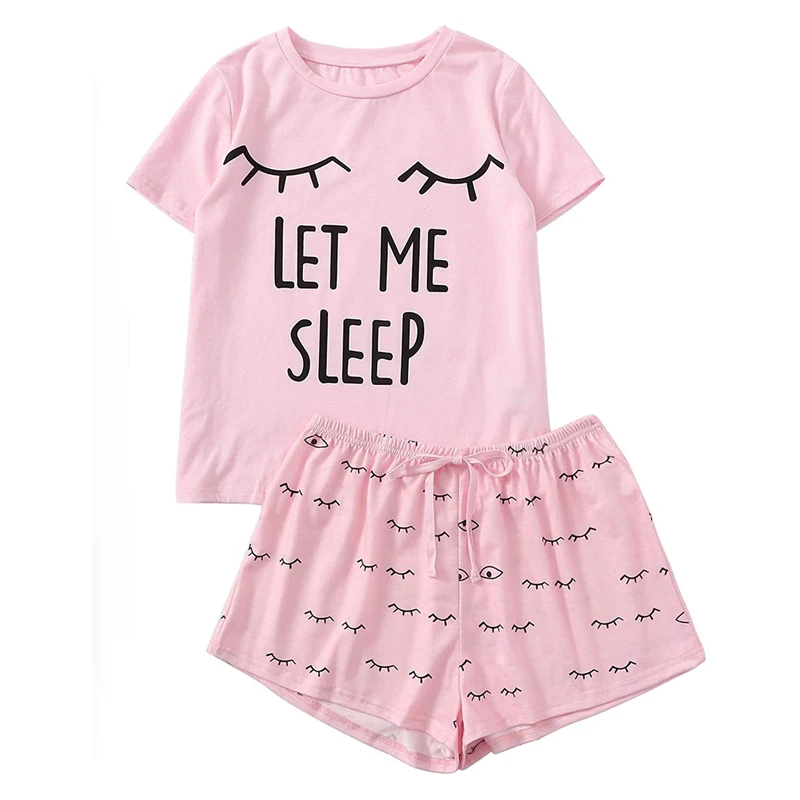 

Letter Printed Let Me Sleep Printed 2 Pieces Nightwear Set For Women Cute Cotton Round Neck Short Sleeve T-Shirt+Pyjama Trousers