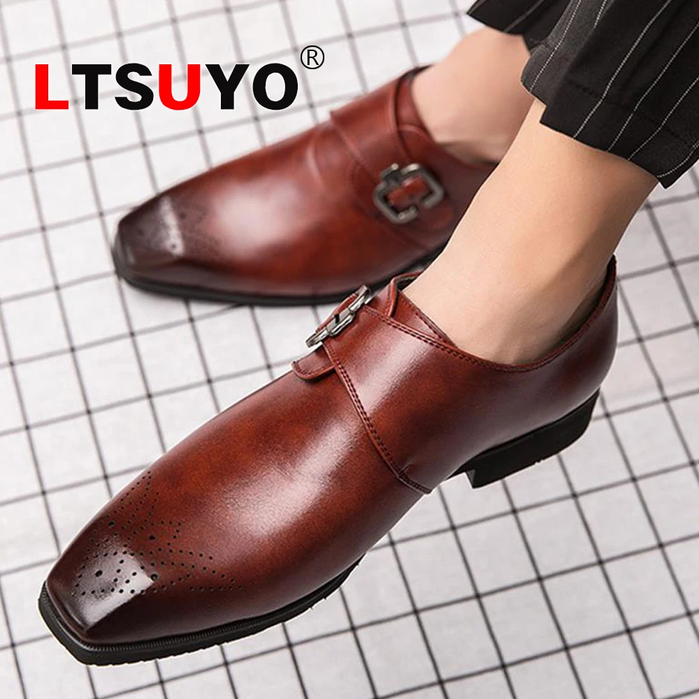 

2021 spring and autumn new men's classic British square toe carved casual small leather shoes, business formal shoes