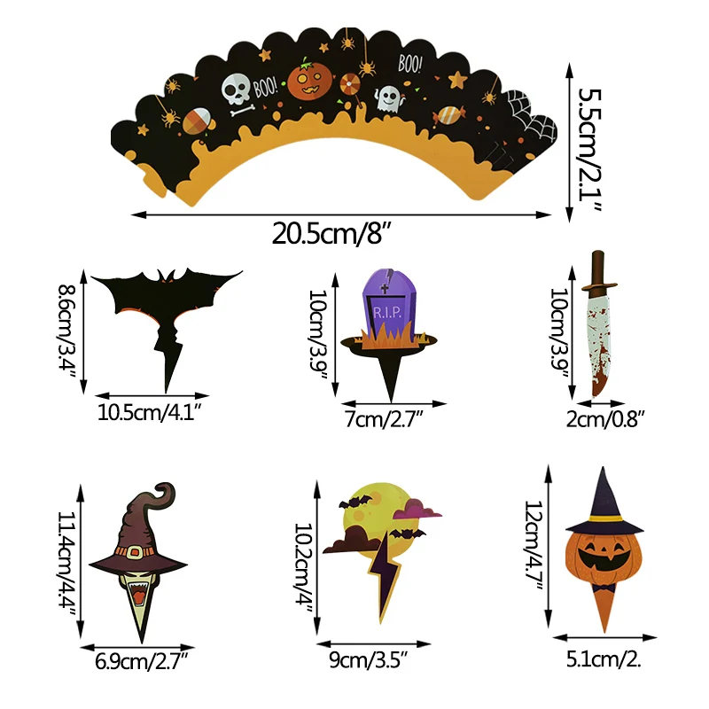 

24Pcs Halloween Decoration Cupcake Wrapper Cup Muffins Horror Pumpkin Witch Bat Cake Toppers For Home Halloween Party Cake Decor