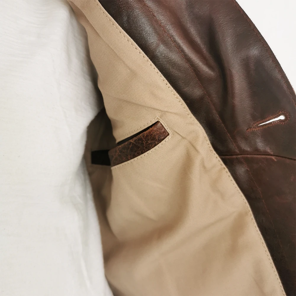

Men Leather Jacket Thick 100% Natural Oil Wax Cowhide Skin Jacket Dark Brown Soft Men Coat Winter Clothing Asian Size M-3XL M505