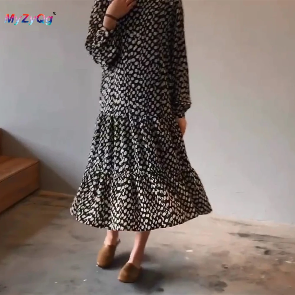 Женское винтажное шифоновое платье в горошек Длинное свободное Клубное с