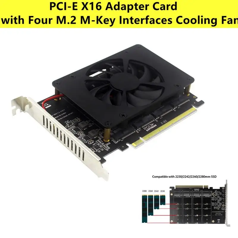 

Новая плата адаптера PCI-E X16 с четырьмя интерфейсами M.2 M-Key, охлаждающий вентилятор M.2 NVME, плата расширения для 2230/2242/2260/2280 M.2 SSD