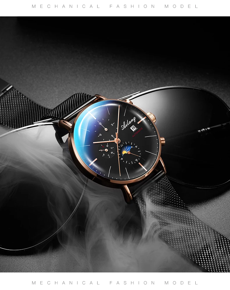 

AILANG Men Watches Stainless Steel Waterproof Mechanical Watch Men Moon Phase Automatic Men Watch Calendar Week Wristwatch Reloj