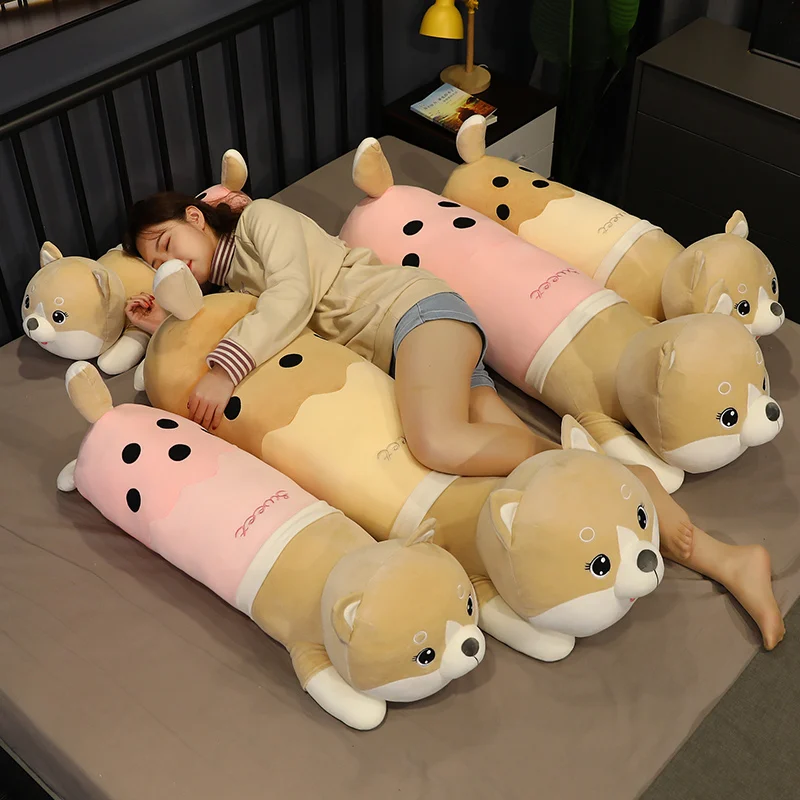 

45-95cm Cute Lying Shiba Inu Plush Toys Stuffed Soft Animal Dog with Bubble Milk Tea Clothes Pillow for Kids Birthday Gifts