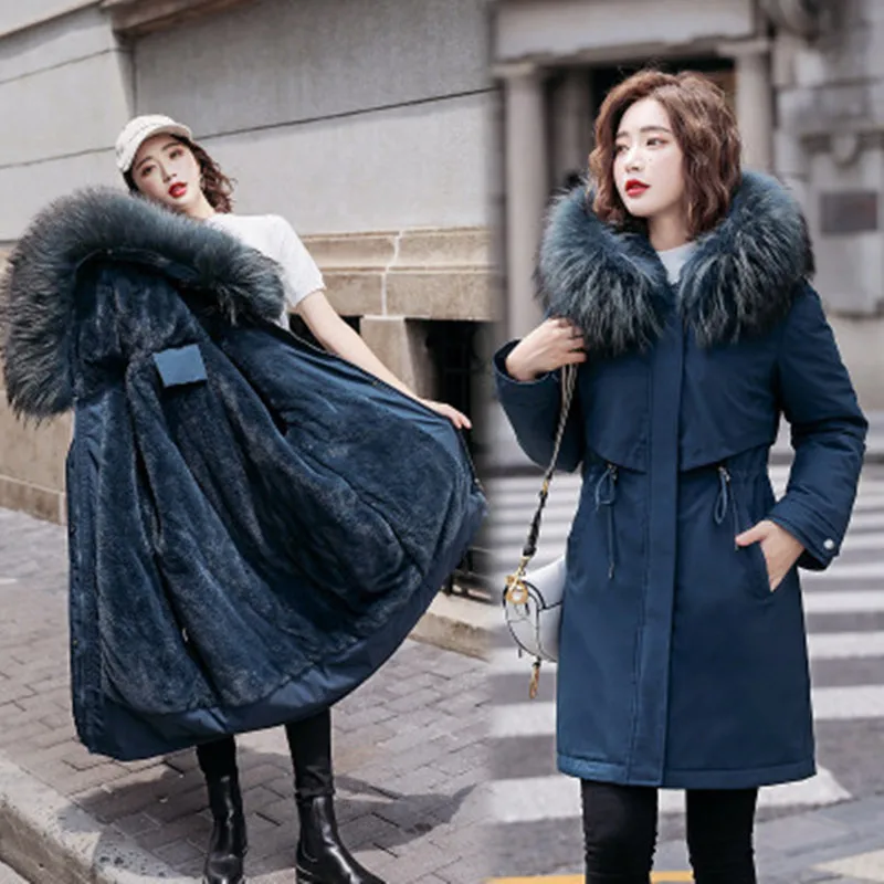 Winter ladies warm parka coat large size thick mid-length hooded parka fashion adjustable waist fur collar coat new style 2021
