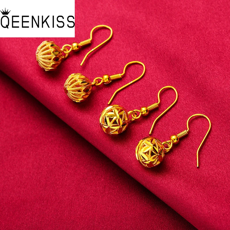 

QEENKISS EG537 2021 Fine Jewelry Wholesale Fashion Woman Girl Birthday Wedding Gift Lucky Hollow Bead 24KT Gold Drop Earrings