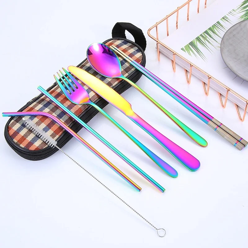 Multicolor Портативный 8 шт./компл. столовая посуда, нержавеющая сталь набор, Серебряный набор столовых приборов для путешествий, с коробкой и соломинкой, нож, вилка, ложка, палочки для еды - Цвет: Multicolor