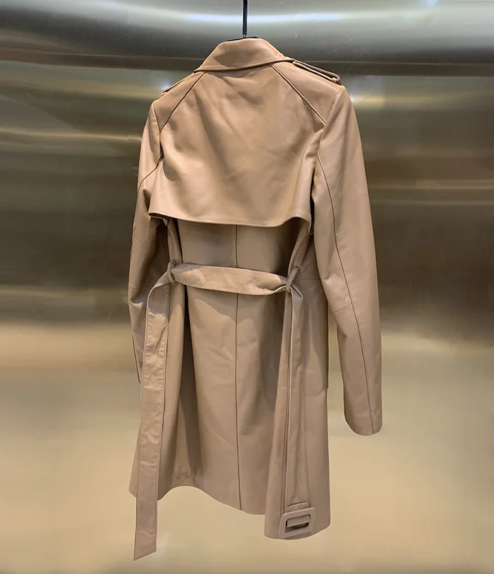 

2021women Sheepskin leather coat women's windbreaker row buckle soft fabric long coat medium long leather coat motorcycle jacket