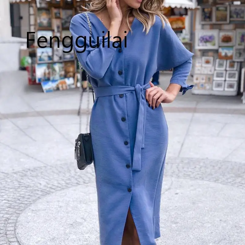 

Sexy V Neck Autumn Long Sleeve Women Dress Ladies Sashes Button Casual Office Dress 2019 New Fashion Women Midi Dress Vintage