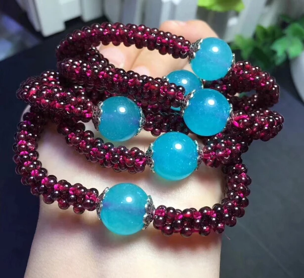 2 шт. натуральный винно красный гранат Плетеный мяч ручной браслет с халцедоном