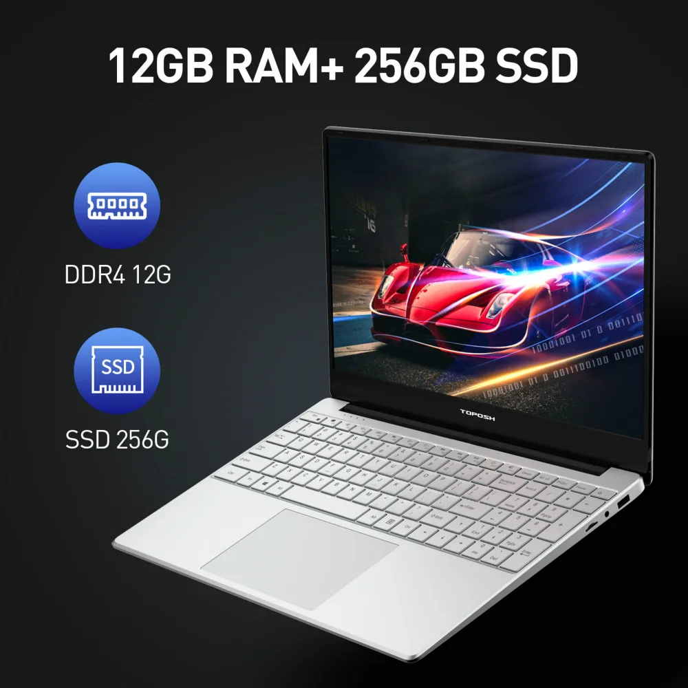 15.6'' 12GB RAM Laptop J4125 Windows 10 Pro Quad Core Netbook Portable Slim Business Office Notebook 1080P Study PC Computer