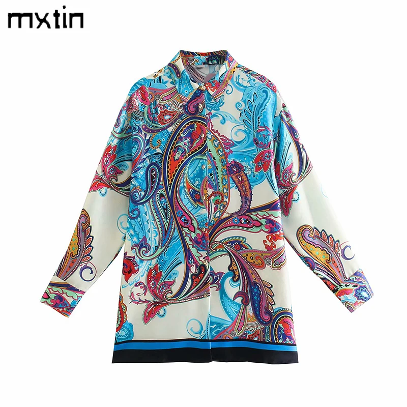 

MXTIN 2021 Women Autumn Fashion Print Single Breasted Long Blouses Vintage Lapel Collar Long Sleeve Female Shirt Casual Tops