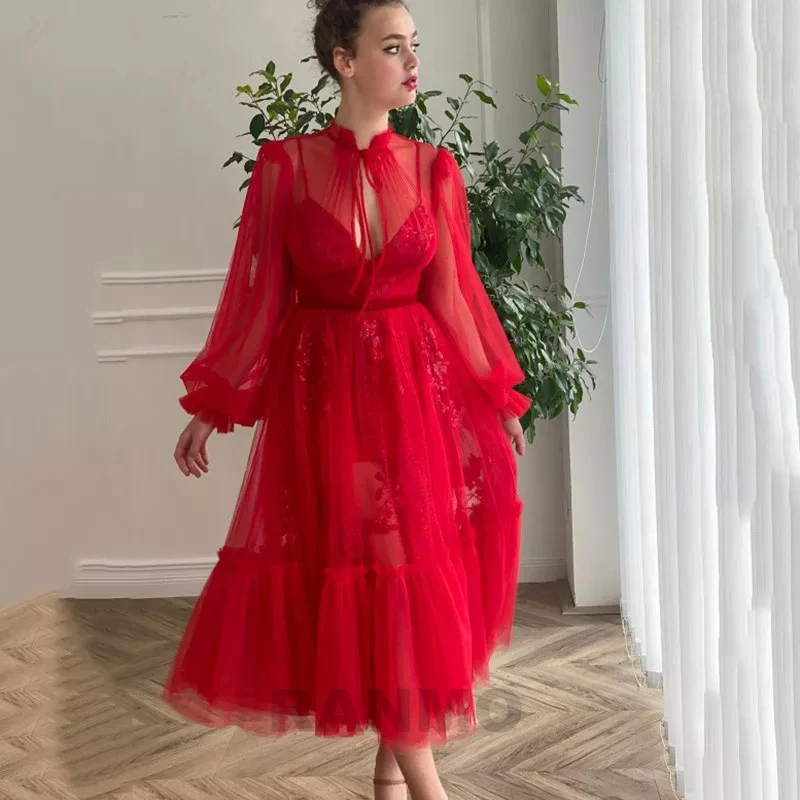 

RANMO 2021 Red Dotted Tulle A Line Short Prom Dresses Cuffed Long Sleeves Straps Velvet Ribbon Belt Tea Length Evening Gowns