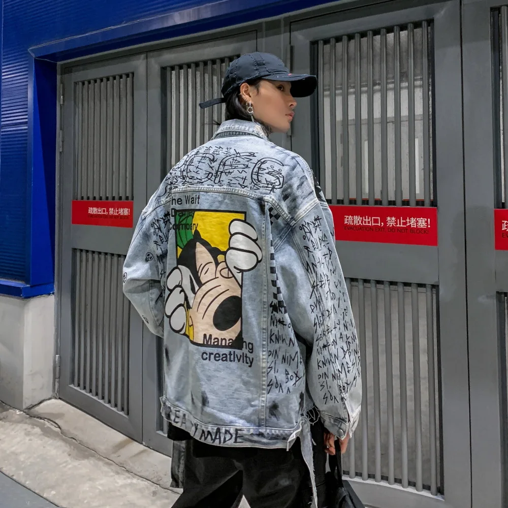 

SEVEYFAN Street Men's Denim Jacket New washed Frayed Loose Distressed Pattern Printing Denim Coat for Male