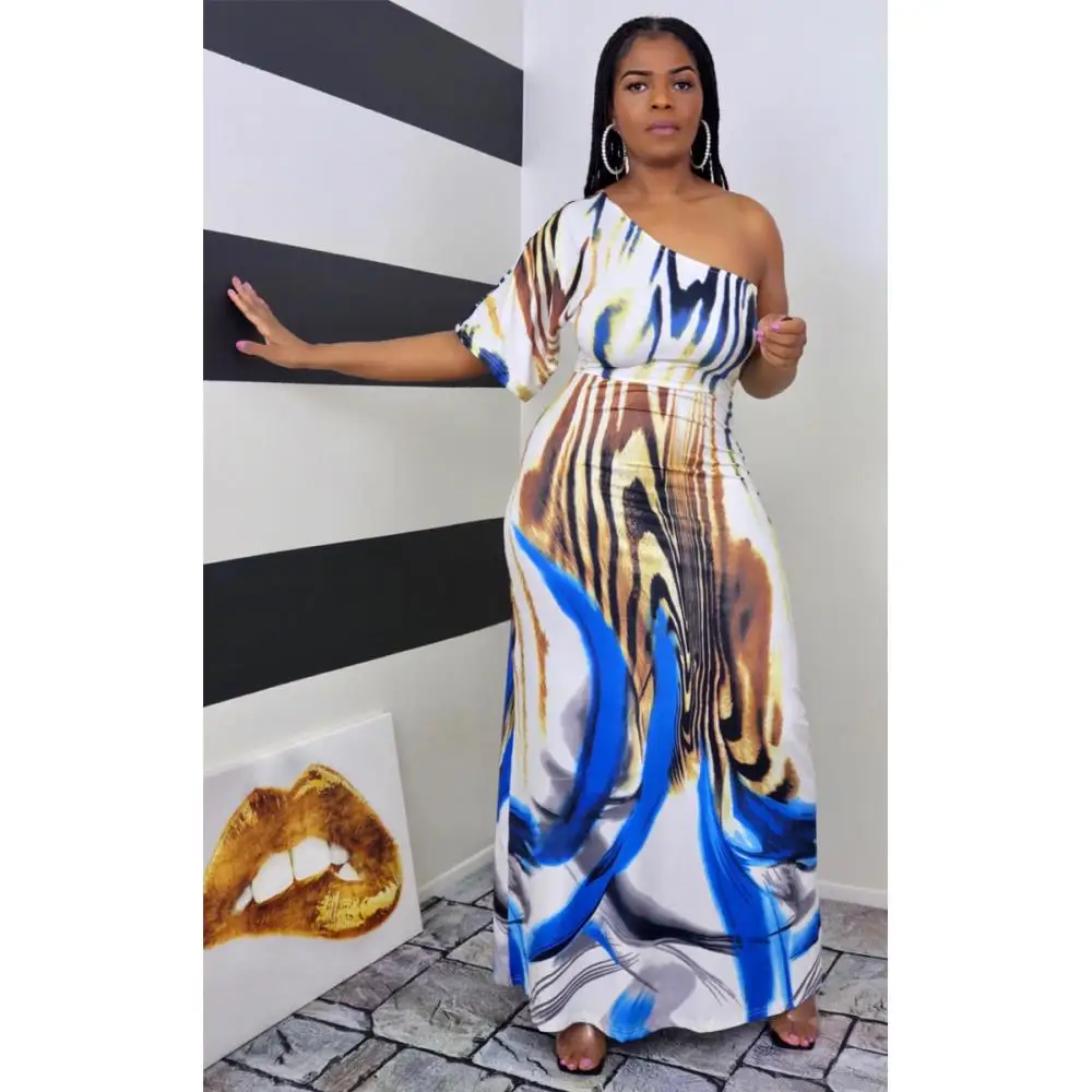 

Slim Fit Single Shoulder Half Sleeve Long Dress Women's Casual Loose Vestidos Fashionable Blue Printed One Shoulder Maxi Dresses