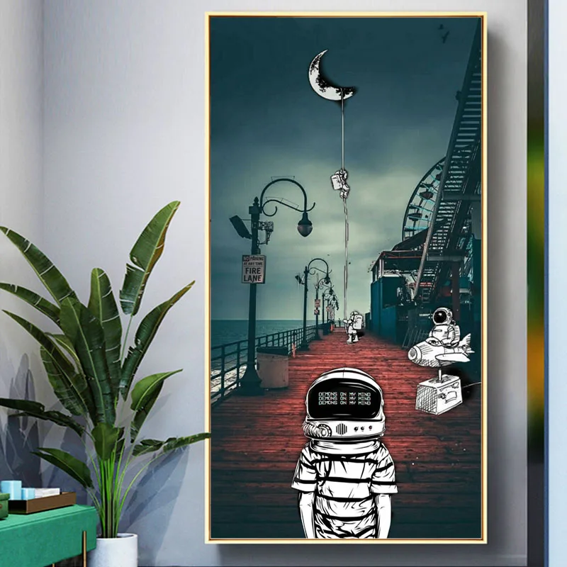 

Decorative Paintings Wall Art Starry Spaceship Astronaut Wall Posters Abstract Canvas Print Pictures for Living Room Home Decor