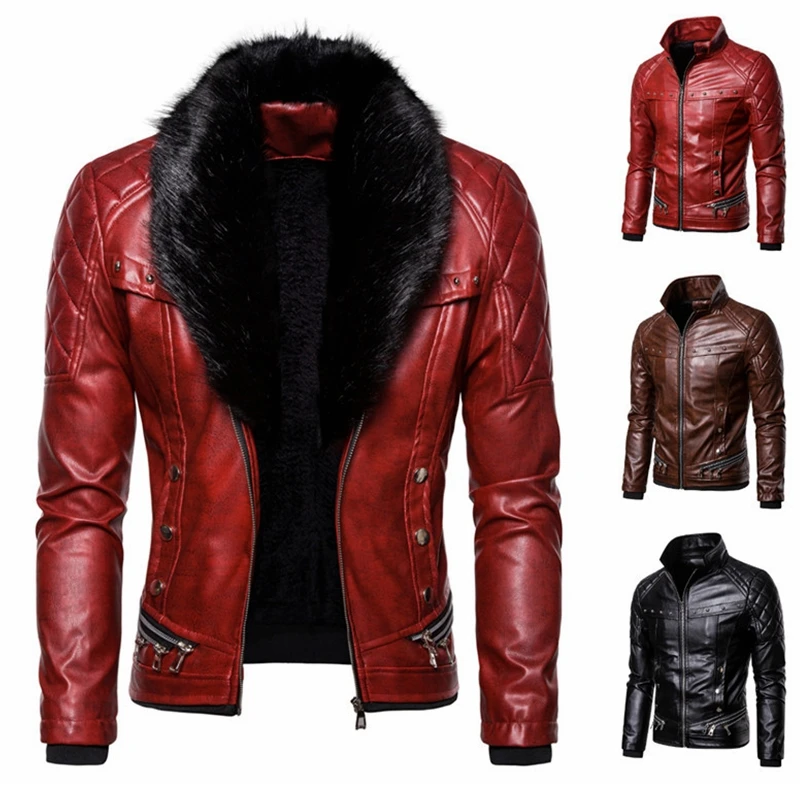 

Lugentolo Motorcycle Leather Jacket Men Winter Fashion Punk Detachable Fur Collar Rivets Thick Windbreaker Leather Jacket