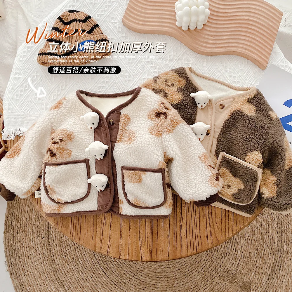 

Зимняя Теплая Флисовая Куртка для мальчиков и девочек, с милым мультяшным медведем, Детская куртка, верхняя одежда, 2021