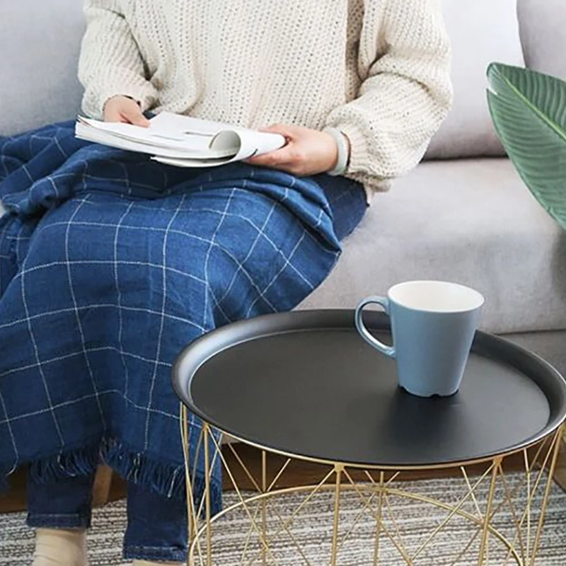 Modern Gold Round Wire Metal Storage Basket Side Table Bedroom Balcony Corner Tea | Мебель