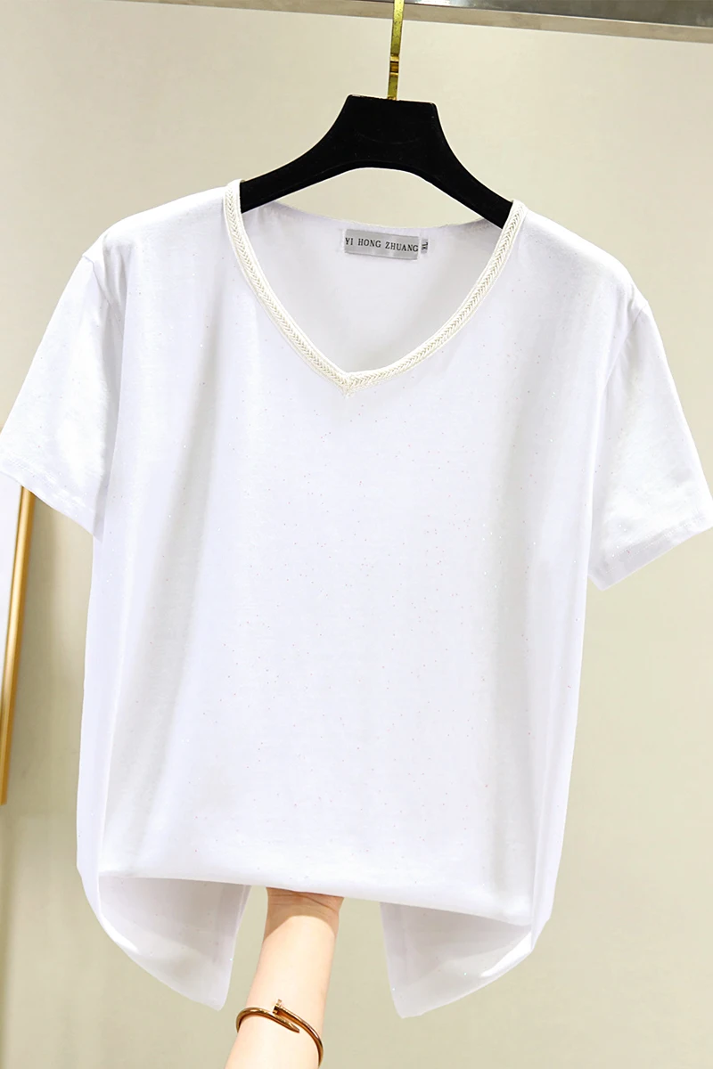 

Shiny T Shirt Women Cotton V-Neck Letter Basic New Clothing 2021 Ladies Tops Short Sleeve Summer Tee Shirt Femme Black