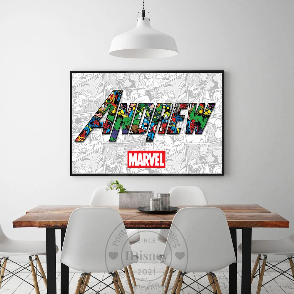 Персонализированный плакат с именем супергероя Marvel в подарок на день рождения для любителей комиксов, печать на холсте, декор для комнаты, картины Куадрос он.