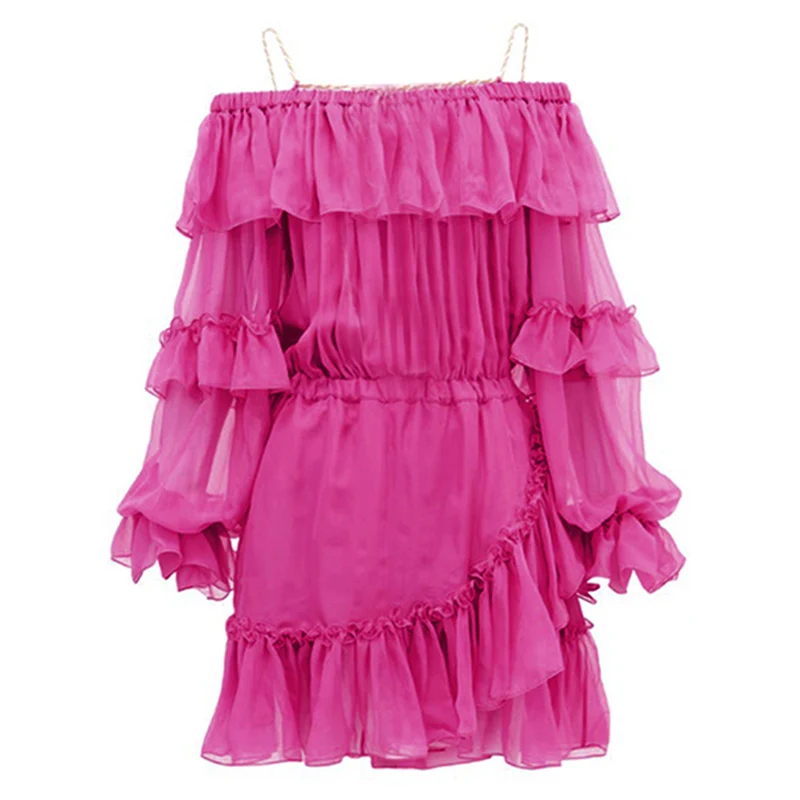

Elegant Pink Ruffles Chiffon Woman Dress 2021 Summer Sexy Off Shoulder Mini Dresses for Women Korean Fashion Clothes